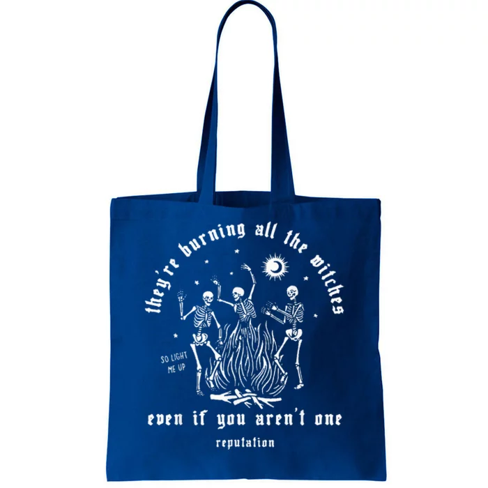 TheyRe Burning All The Witches Halloween Skeleton Dancing Tote Bag