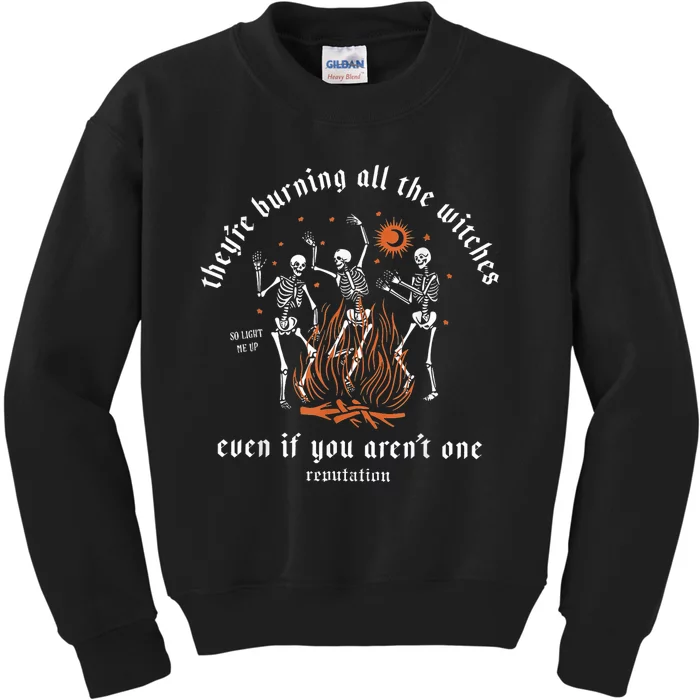 TheyRe Burning All The Witches Halloween Skeleton Dancing Kids Sweatshirt