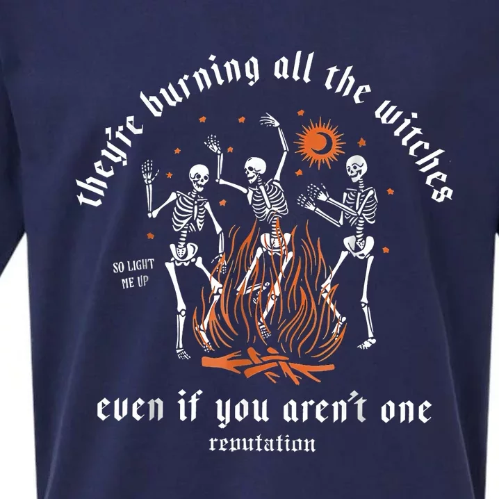 TheyRe Burning All The Witches Halloween Skeleton Dancing Sueded Cloud Jersey T-Shirt