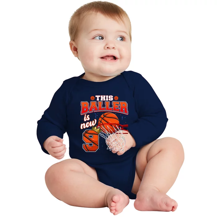 This Basketball Baller Is Now 9 Years Old Happy My Birthday Baby Long Sleeve Bodysuit