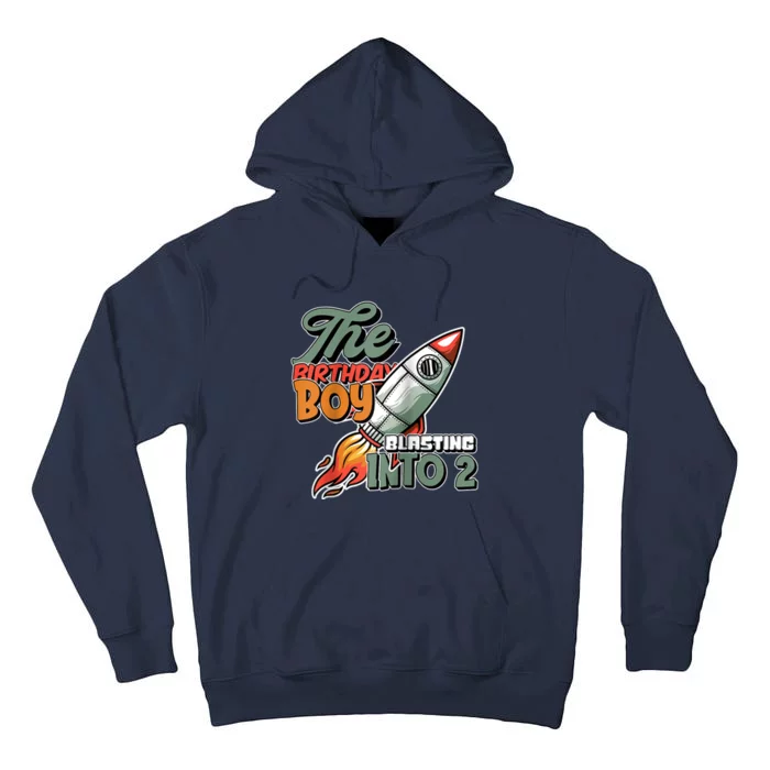 The Birthday Boy Blasting Into 2 Rocket Space Raglan Baseball Tall Hoodie