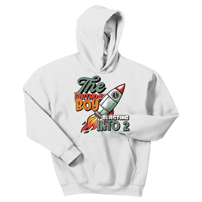 The Birthday Boy Blasting Into 2 Rocket Space Raglan Baseball Kids Hoodie