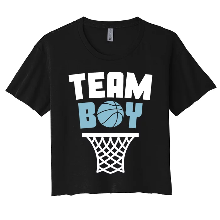 Team Boy Basketball Gender Reveal Blue Baby Shower Party Women's Crop Top Tee