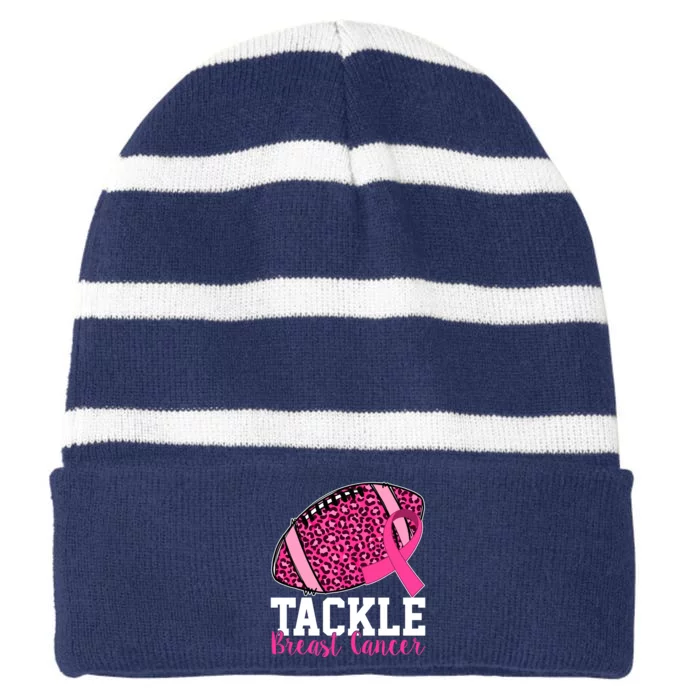 Tackle Breast Cancer Football Ribbon Awareness Striped Beanie with Solid Band