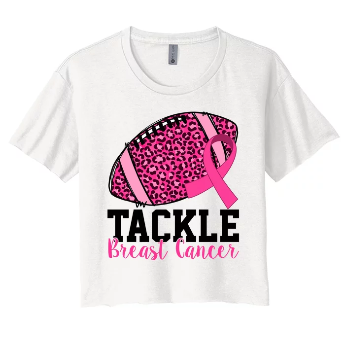 Tackle Breast Cancer Football Ribbon Awareness Women's Crop Top Tee