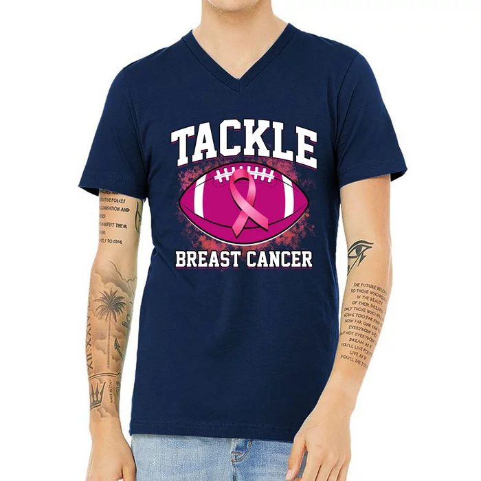 Tackle Breast Cancer Ribbon Football V-Neck T-Shirt