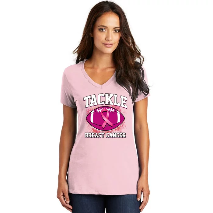 Tackle Breast Cancer Ribbon Football Women's V-Neck T-Shirt