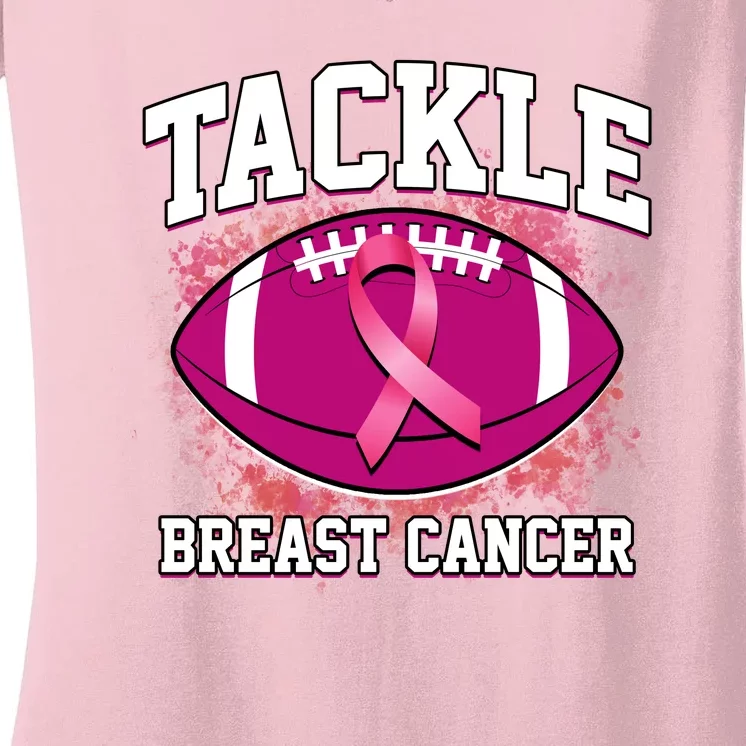 Tackle Breast Cancer Ribbon Football Women's V-Neck T-Shirt