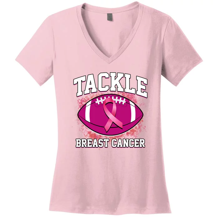 Tackle Breast Cancer Ribbon Football Women's V-Neck T-Shirt