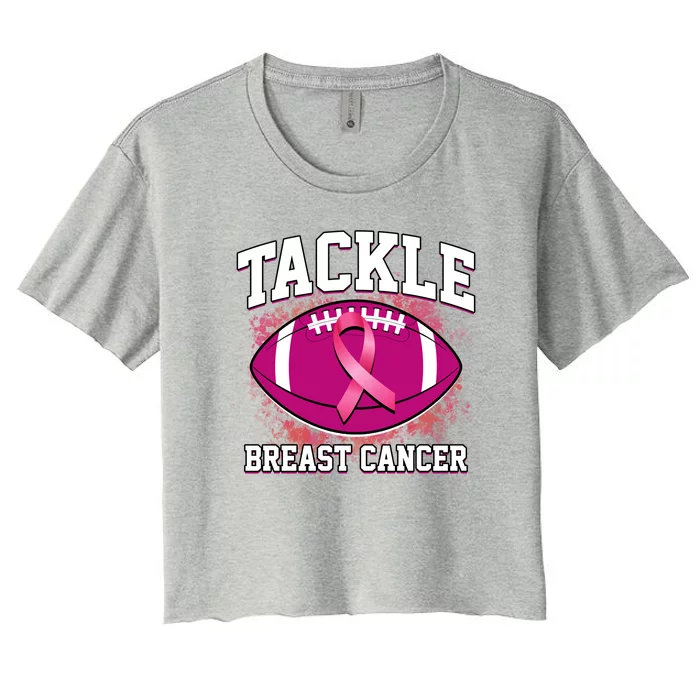 Tackle Breast Cancer Ribbon Football Women's Crop Top Tee