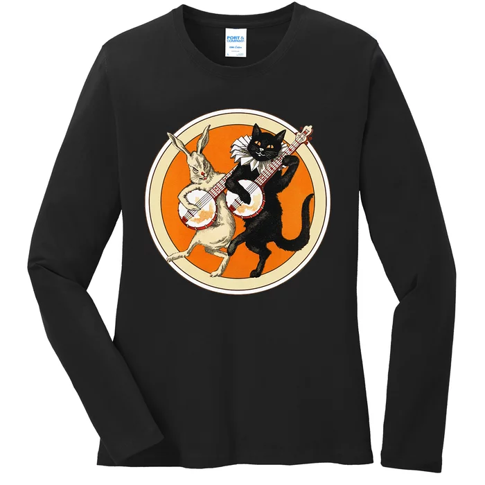 The Black Cat Magazine Halloween Cat Rabbit And Banjo Ladies Long Sleeve Shirt