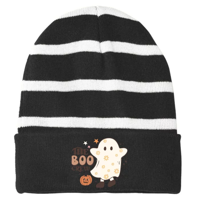 The Boo Crew Scary Cute Ghost Halloween Gift Striped Beanie with Solid Band