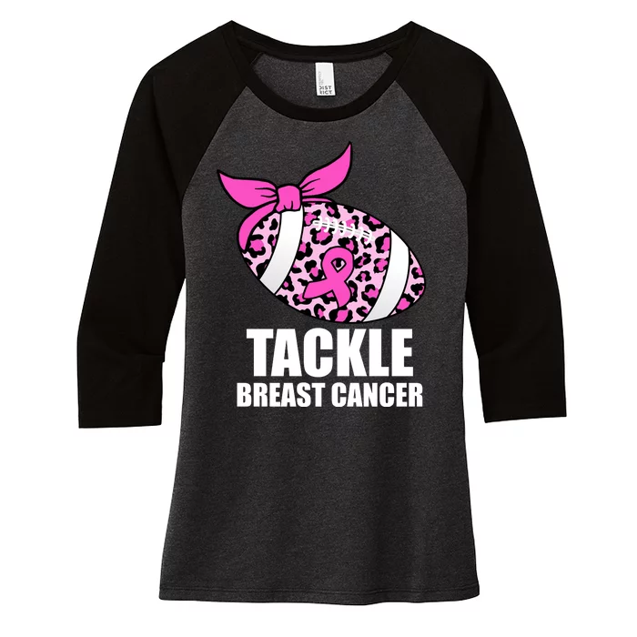 Tackle Breast Cancer Pink Leopard Football Women's Tri-Blend 3/4-Sleeve Raglan Shirt