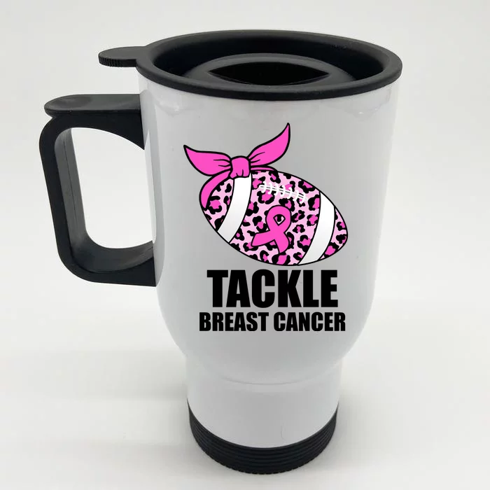 Tackle Breast Cancer Pink Leopard Football Front & Back Stainless Steel Travel Mug