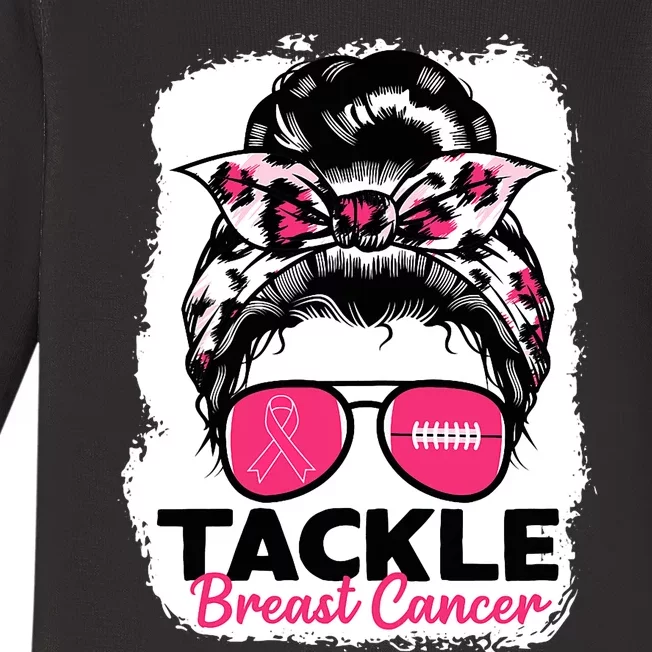 Tackle Breast Cancer Warrior Bleached Football Mom Messy Bun Baby Long Sleeve Bodysuit