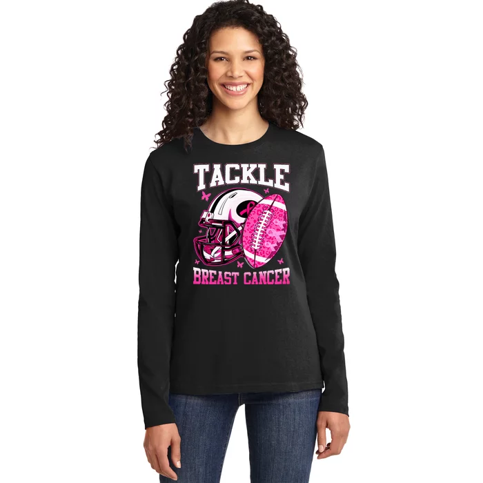 Tackle Breast Cancer Awareness Pink Ribbon Football Ladies Long Sleeve Shirt