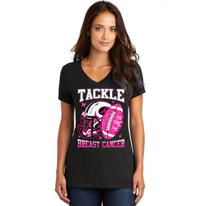 Tackle Breast Cancer Awareness Pink Ribbon Football Women's V-Neck T-Shirt