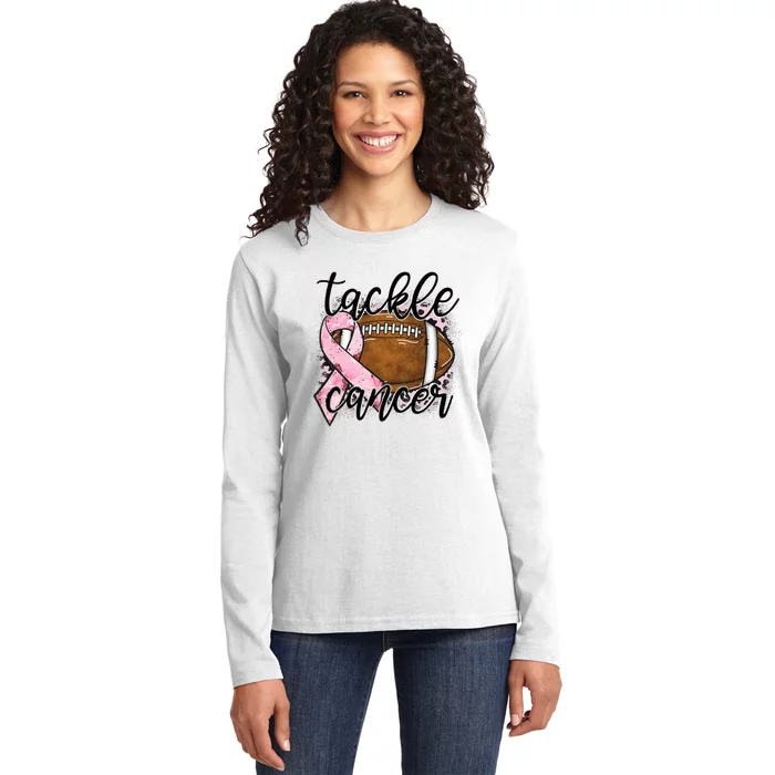 Tackle Breast Cancer Leopard Football Pink Ribbon Awareness Ladies Long Sleeve Shirt