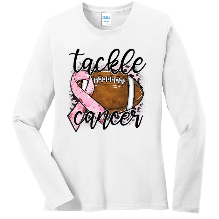 Tackle Breast Cancer Leopard Football Pink Ribbon Awareness Ladies Long Sleeve Shirt