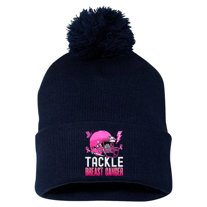 Tackle Breast Cancer Awareness Fighting American Football Pom Pom 12in Knit Beanie