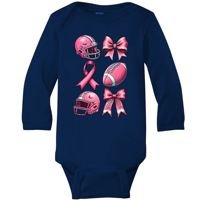 Tackle Breast Cancer Coquette Bow Football Ribbon Baby Long Sleeve Bodysuit