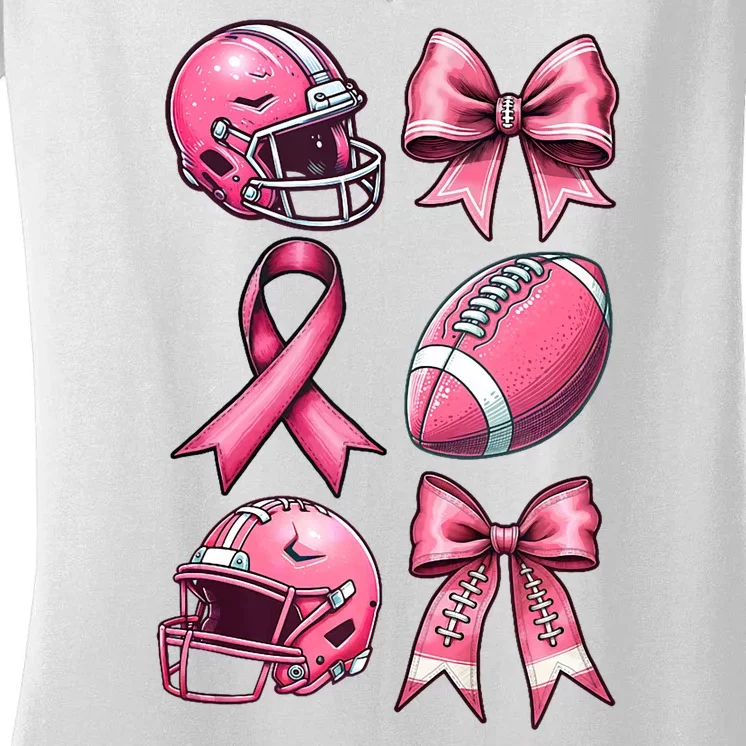 Tackle Breast Cancer Coquette Bow Football Ribbon Women's V-Neck T-Shirt