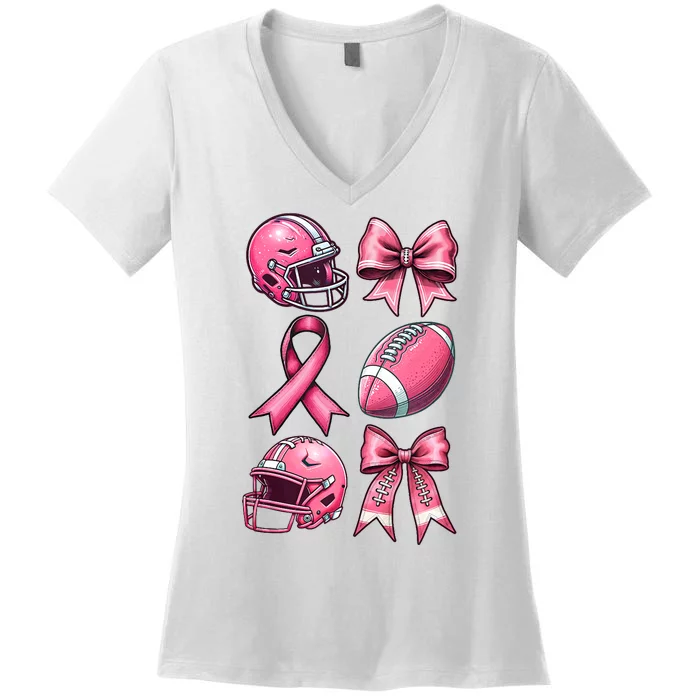 Tackle Breast Cancer Coquette Bow Football Ribbon Women's V-Neck T-Shirt