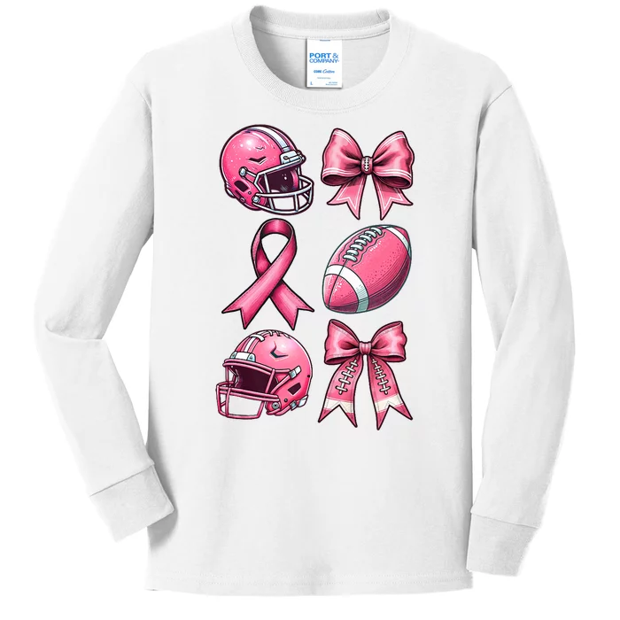 Tackle Breast Cancer Coquette Bow Football Ribbon Kids Long Sleeve Shirt