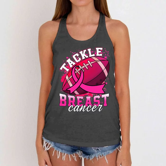 Tackle Breast Cancer Awareness Pink Ribbon Football Women's Knotted Racerback Tank