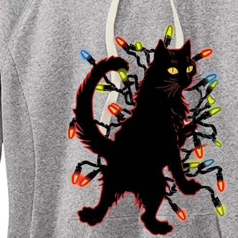 The Black Cat Standing With Christmas String Lights Gift Women's Fleece Hoodie