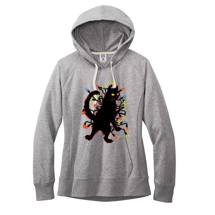 The Black Cat Standing With Christmas String Lights Gift Women's Fleece Hoodie