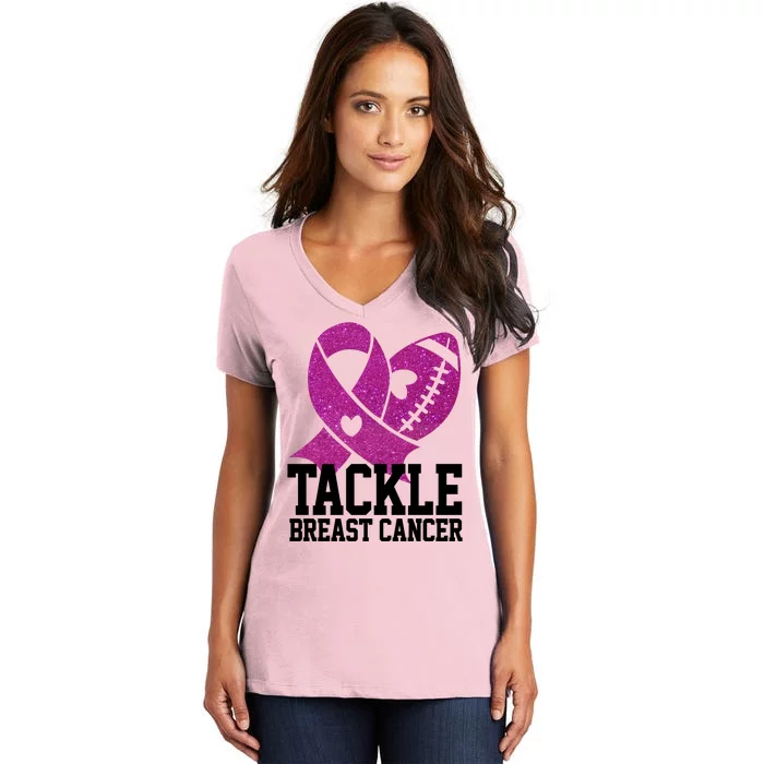 Tackle Breast Cancer Football Ribbon Women's V-Neck T-Shirt