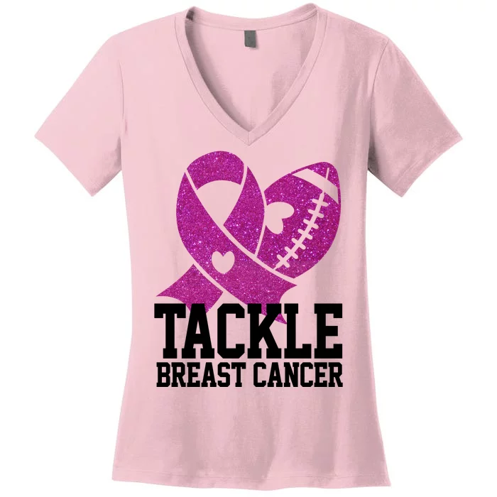 Tackle Breast Cancer Football Ribbon Women's V-Neck T-Shirt