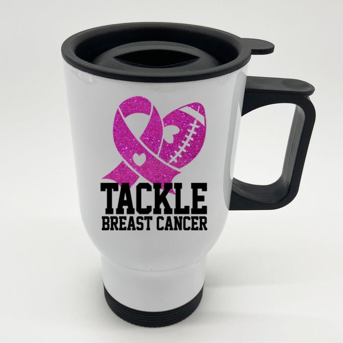 Tackle Breast Cancer Football Ribbon Front & Back Stainless Steel Travel Mug