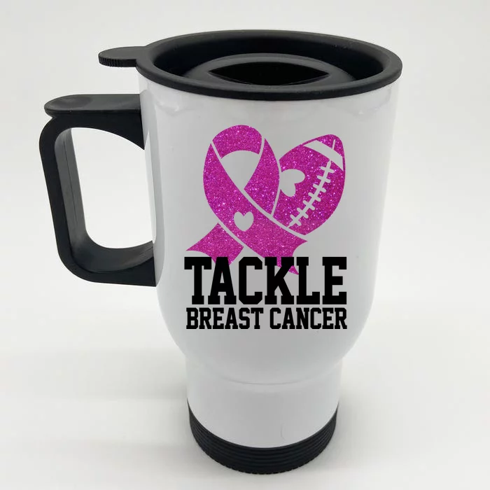 Tackle Breast Cancer Football Ribbon Front & Back Stainless Steel Travel Mug