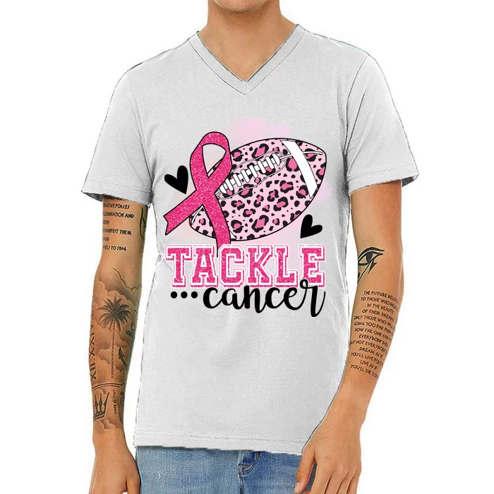 Tackle Breast Cancer Pink Ribbon Football V-Neck T-Shirt