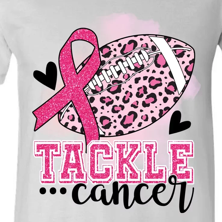 Tackle Breast Cancer Pink Ribbon Football V-Neck T-Shirt