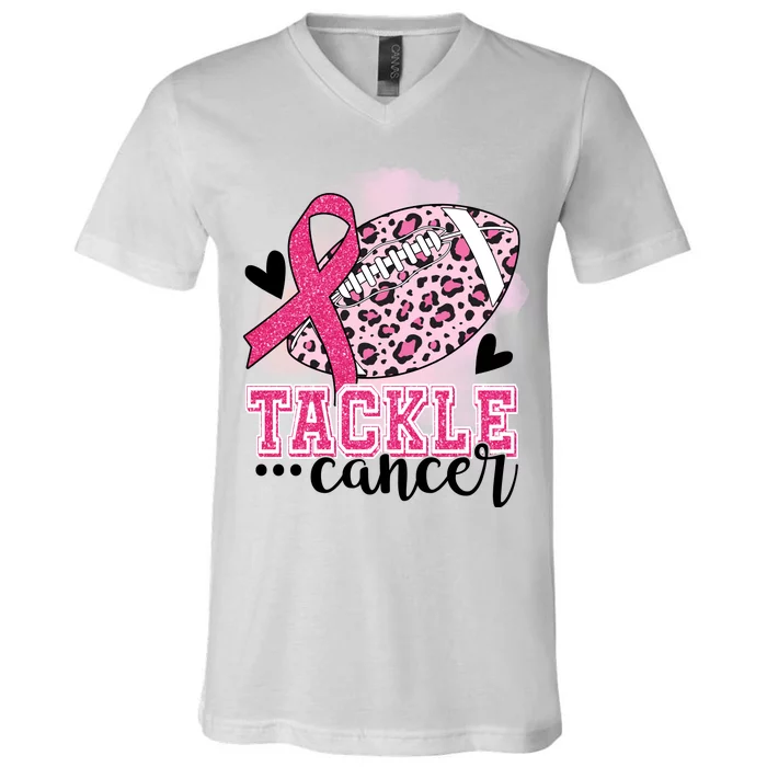 Tackle Breast Cancer Pink Ribbon Football V-Neck T-Shirt