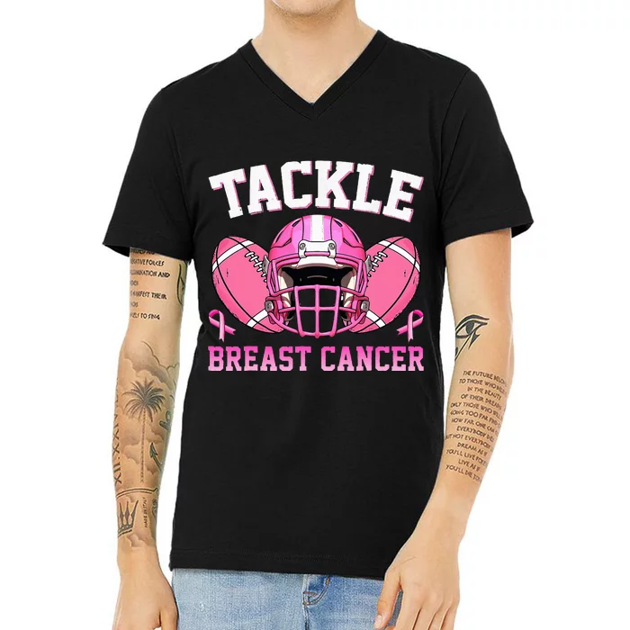 tackle breast cancer awareness pink ribbon wo V-Neck T-Shirt