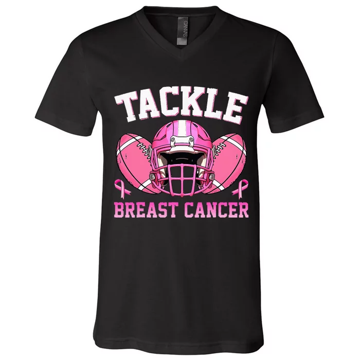 tackle breast cancer awareness pink ribbon wo V-Neck T-Shirt