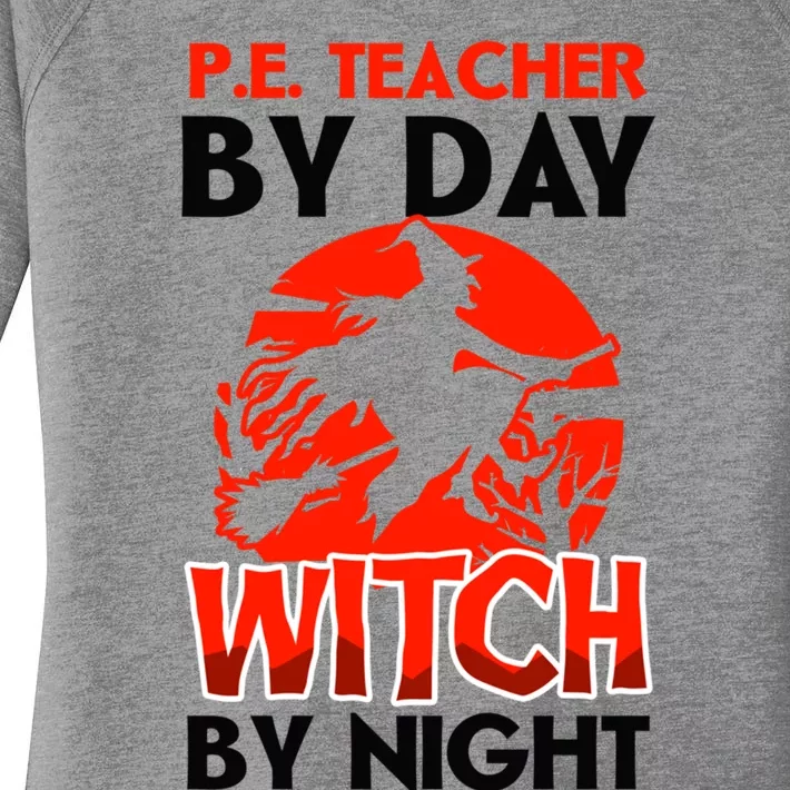 Teacher By Day Witch Night Design Halloween Pe Teacher Gift Women's Perfect Tri Tunic Long Sleeve Shirt