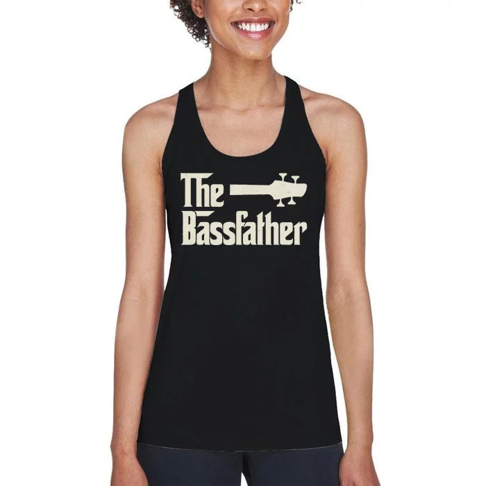 The Bassfather  Distressed Bass Player Dad Fathers Day Women's Racerback Tank