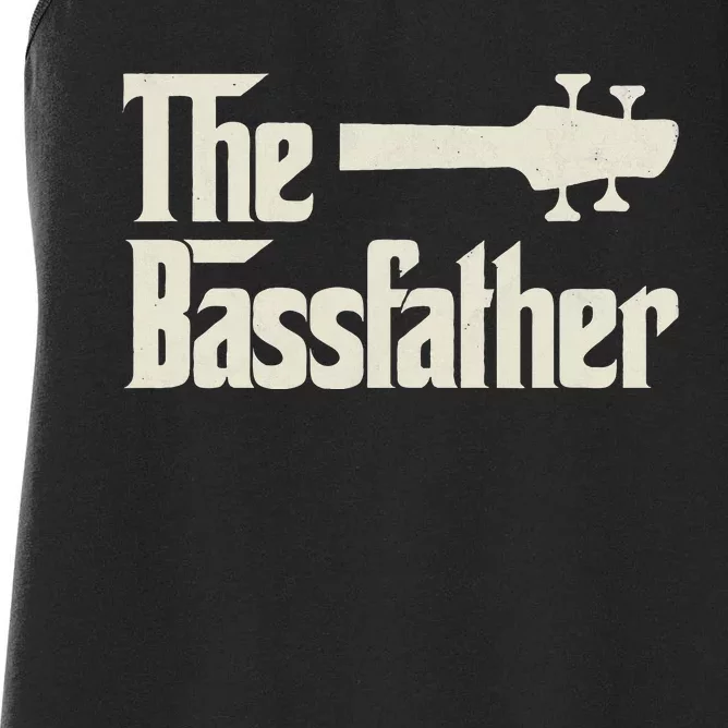 The Bassfather  Distressed Bass Player Dad Fathers Day Women's Racerback Tank