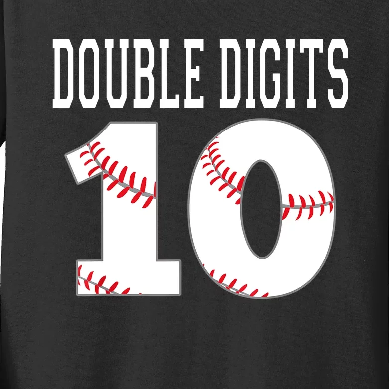 Ten Birthday Double Digits 10th Birthday Baseball Kids Long Sleeve Shirt