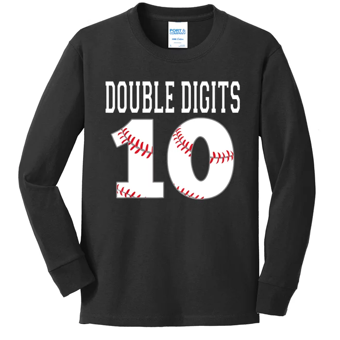 Ten Birthday Double Digits 10th Birthday Baseball Kids Long Sleeve Shirt