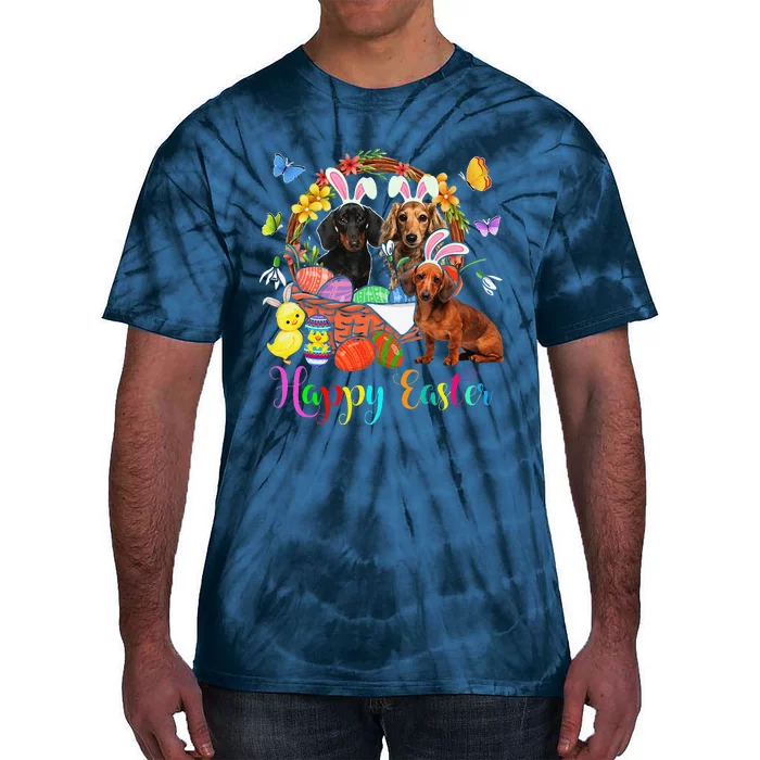 Three Bunny Dachshund Dogs In Easter Eggs Basket Tie-Dye T-Shirt