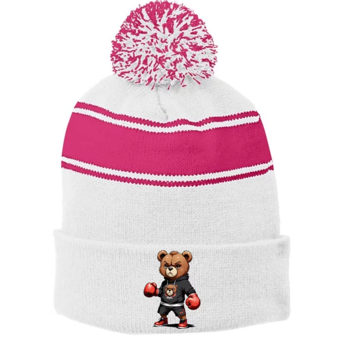 Teddy Bear Gangster Boxer With Hip Hop Street Clothes Stripe Pom Pom Beanie