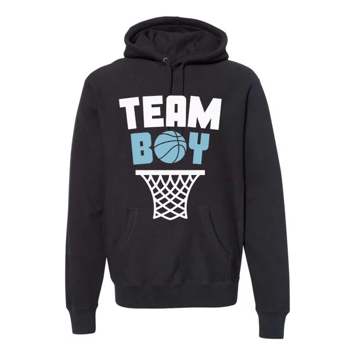 Team Basketball Gender Reveal Blue Baby Shower Party Premium Hoodie