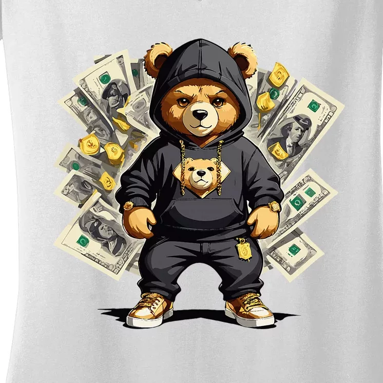 Teddy Bear Hustler Buisness Bear Dollar Street Clothes Women's V-Neck T-Shirt