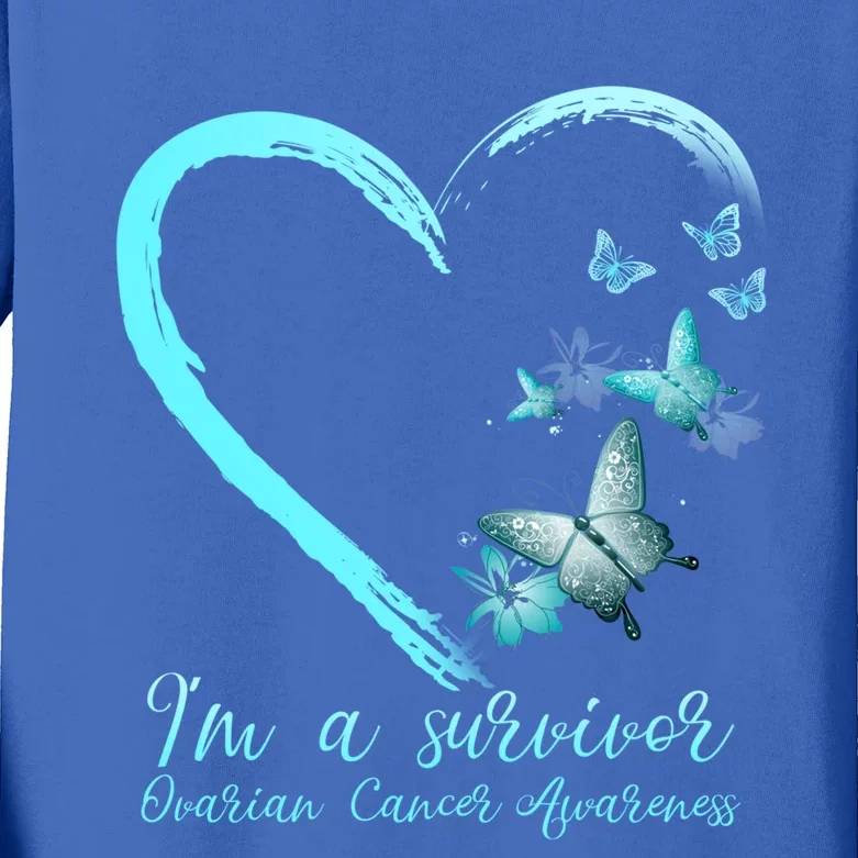 Teal Butterfly Heart Survivor Ovarian Cancer Awareness Tee Cool Gift Kids Long Sleeve Shirt